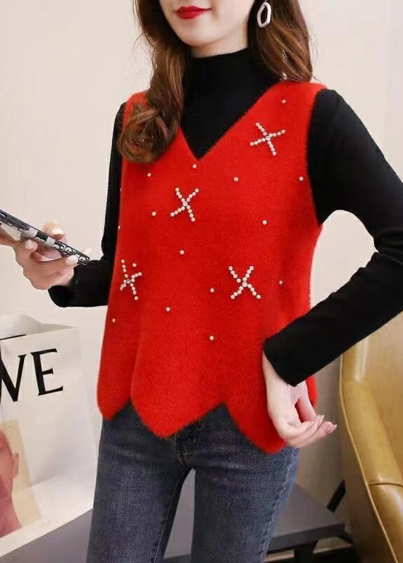 Apricot V Neck Nail Bead Patchwork Mink Hair Knitted Vest Sleeveless