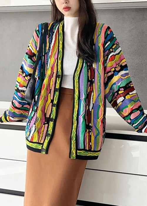 Rainbow V Neck Button Cotton Knit Cardigan Long Sleeve