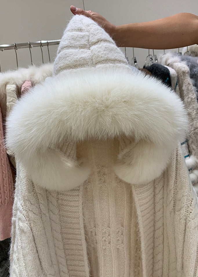 Beige Hooded Pockets Patchwork Knit Cardigan Winter