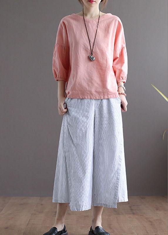 Pink O-neck Patchwork Fall Blouses Three Quarter Sleeve