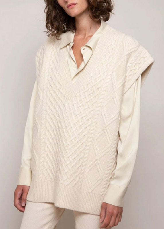 Apricot V Neck Cozy Cable Cotton Knit Cardigans Sleeveless