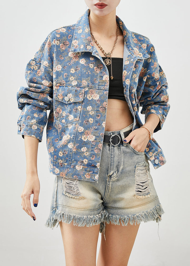 Blue Peter Pan Collar Print Denim Coats Spring