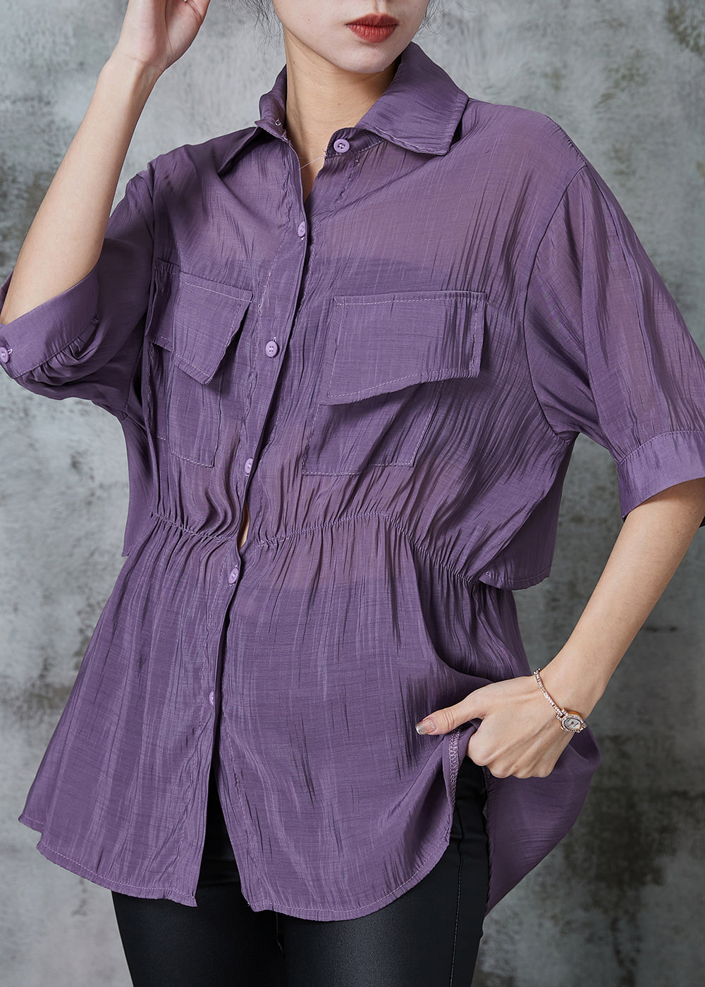 Purple Cinched Patchwork Silk Shirt Top Summer