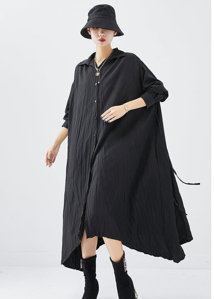 Black Oversized Asymmetrical Design Cotton Shirt Dress Fall