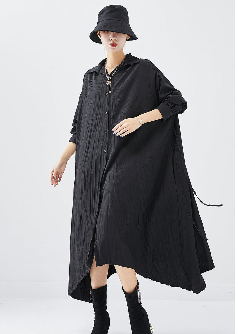 Black Oversized Asymmetrical Design Cotton Shirt Dress Fall