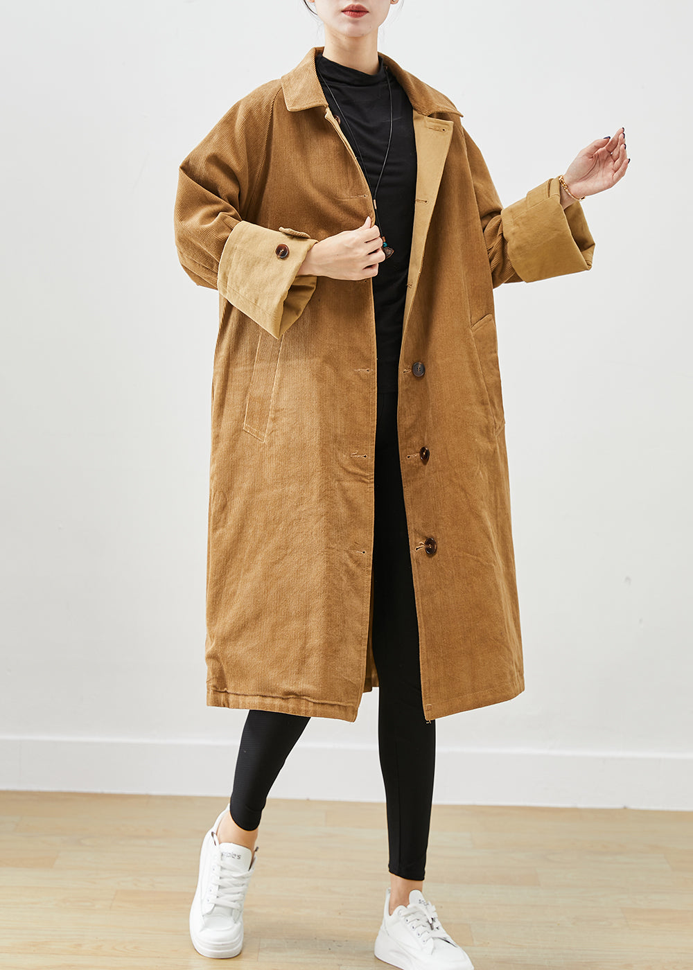 Boutique Coffee Oversized Wear on Both Sides Corduroy Trench Coat Fall
