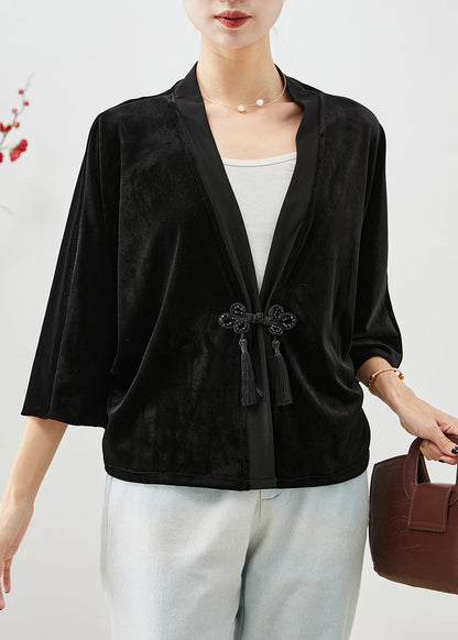 Black Tasseled Chinese Button Silk Velour Coats Fall