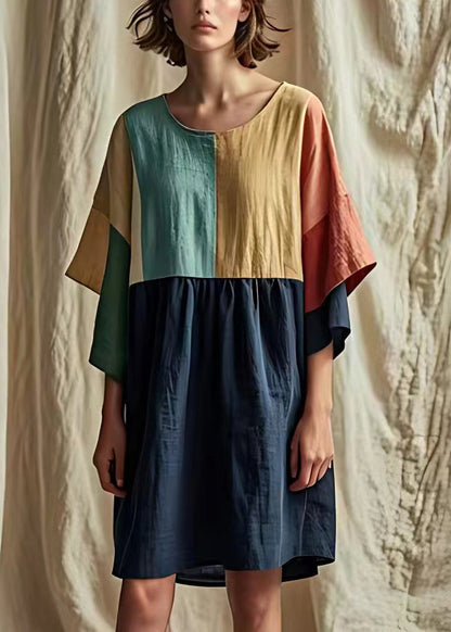 Navy O Neck Patchwork Linen Dress Half Sleeve