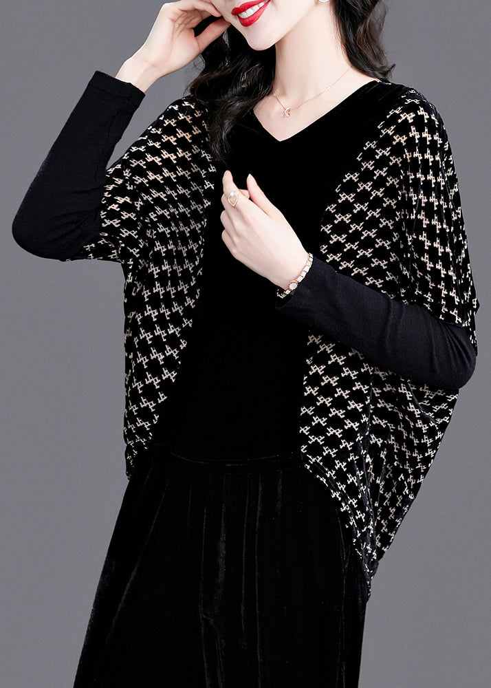 Black V Neck Plaid Patchwork Velour Tops Long Sleeve