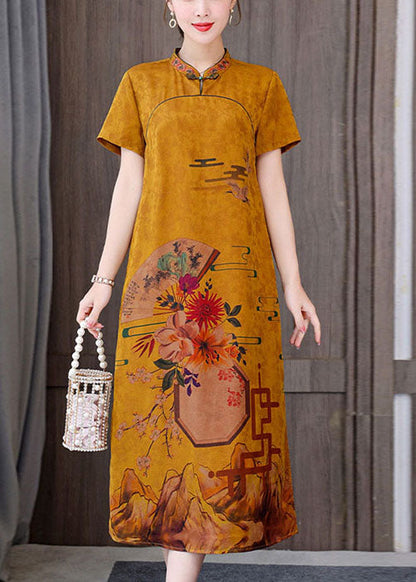 Fitted Yellow Mandarin Collar Print Pockets Silk Long Dresses Short Sleeve