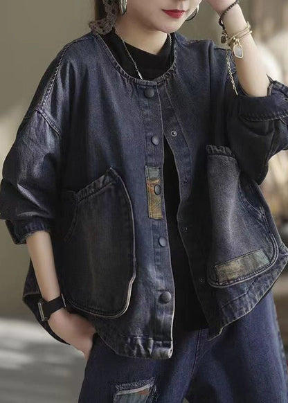 Classy Dark Blue O-neck Pockets Patchwork Denim Coats Long Sleeve
