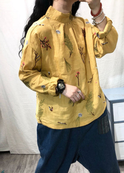 White Stand Collar Embroidered Linen Blouses Long Sleeve