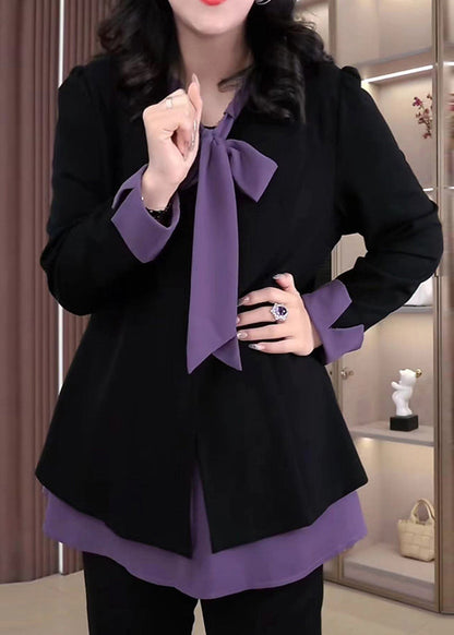 Purple Bow Patchwork Spandex Fake Two Piece Shirt Tops Fall