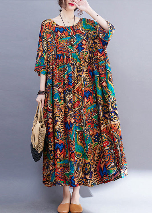 Natural Yellow O-neck Print Wrinkled Long Dress Spring