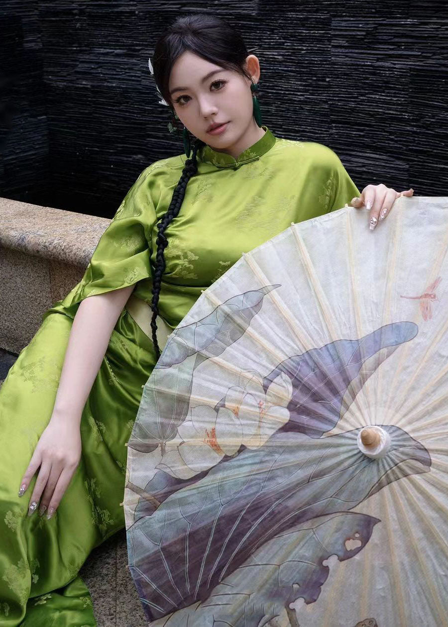 Classy Green O-neck Print Chiffon Long Dresses Short Sleeve