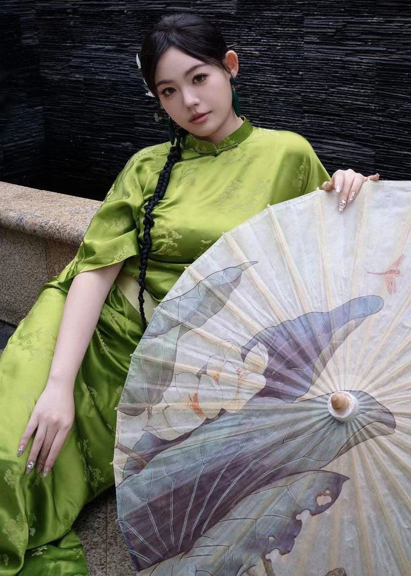 Classy Green O-neck Print Chiffon Long Dresses Short Sleeve