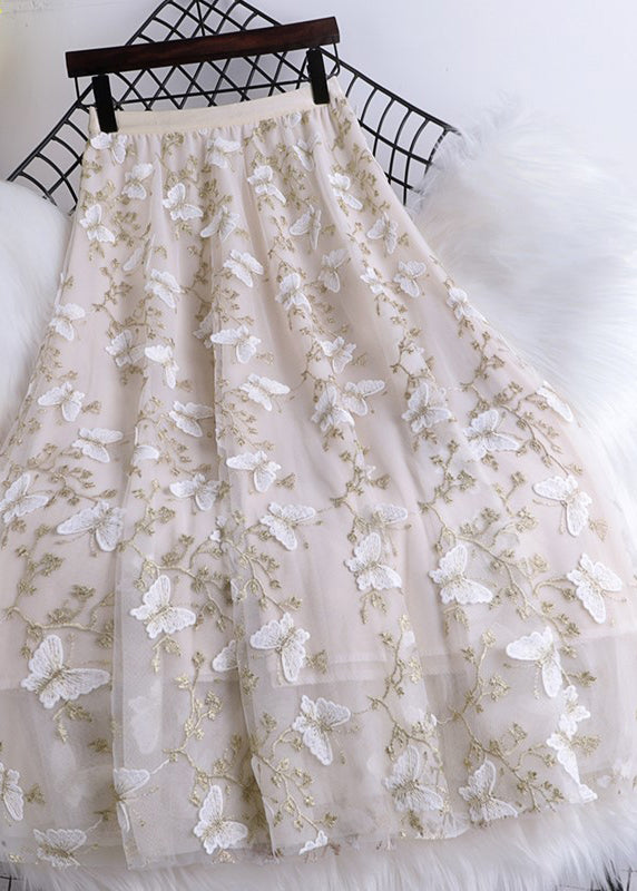 Black Butterfly Embroideried Elastic Waist Tulle Maxi Skirts Summer