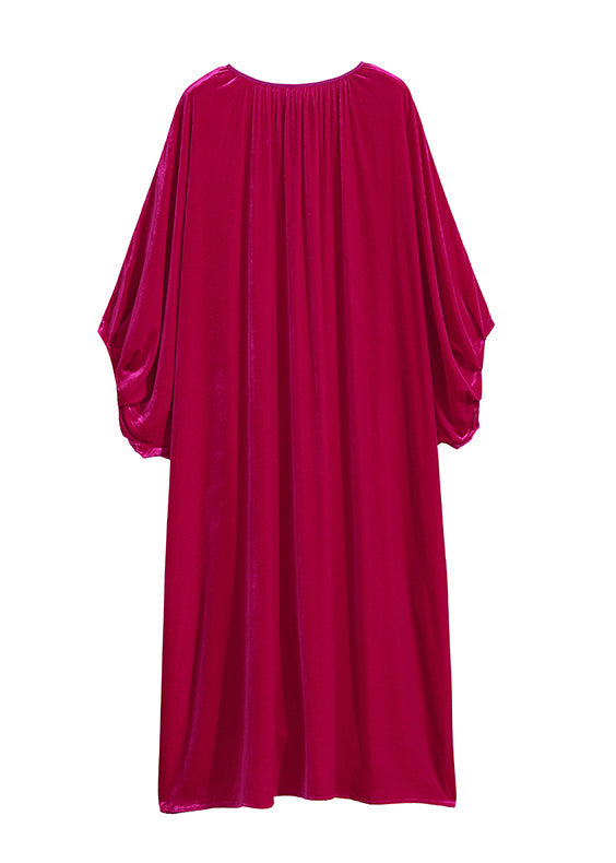 Rose O Neck Wrinkled Patchwork Silk Velour Dress Batwing Sleeve