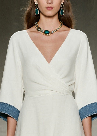White V Neck Patchwork Denim Day Dress Summer