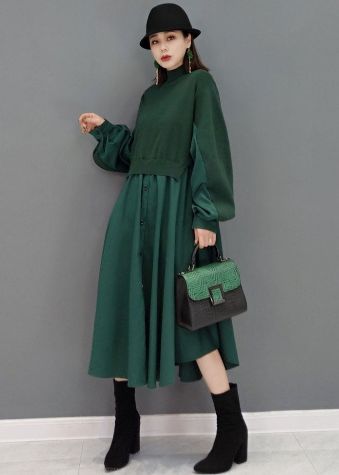 Green Stand Collar Patchwork Knit Cotton Shirt Dress Long Sleeve