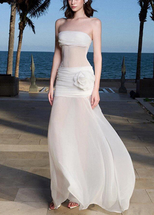 White Cold Shoulder Tulle Long Dress Sleeveless