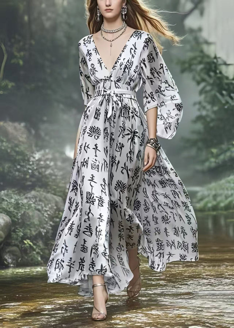 Silvery Cinched Print Silk Vacation Dress Spring