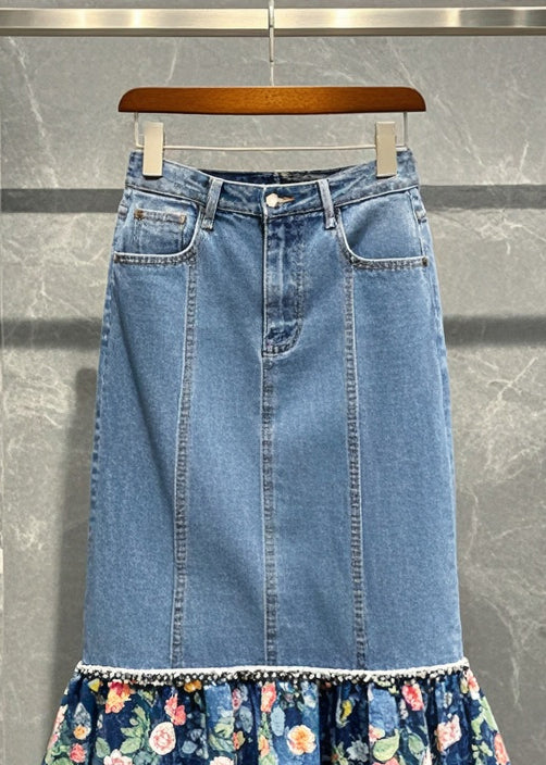 Blue Patchwork Print Denim Wraped Skirt Spring
