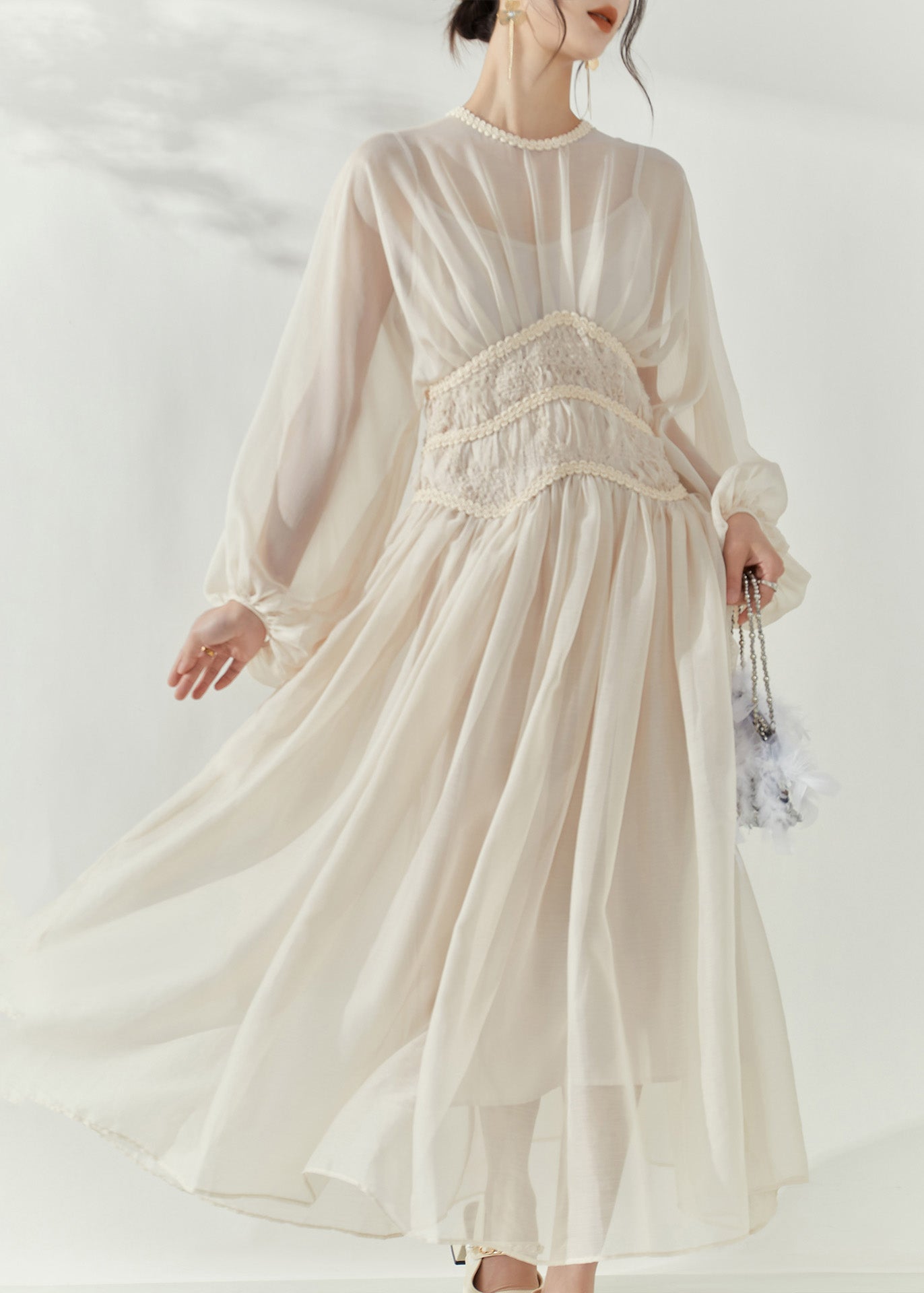 French Beige O-neck Tunic Tulle Long Dresses Lantern Sleeve