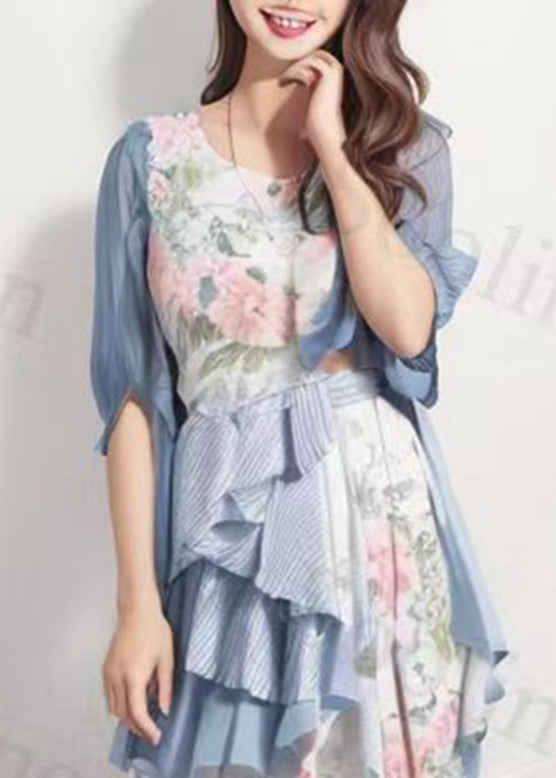 Fitted Colorblock O-neck Print Asymmetrical Silk Long Dresses Summer