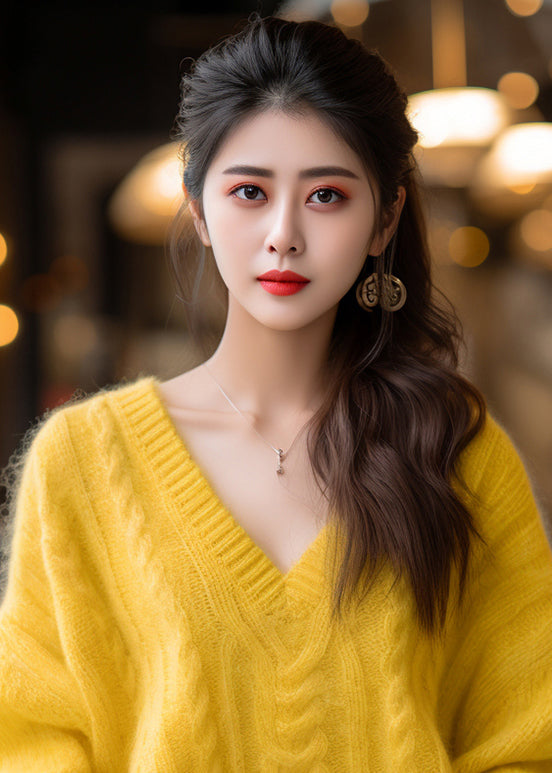 Yellow V Neck Cotton Knit Sweaters Winter