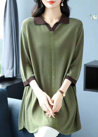 Green Hign Neck Ice Silk Knit Shirt Top Bracelet Sleeve
