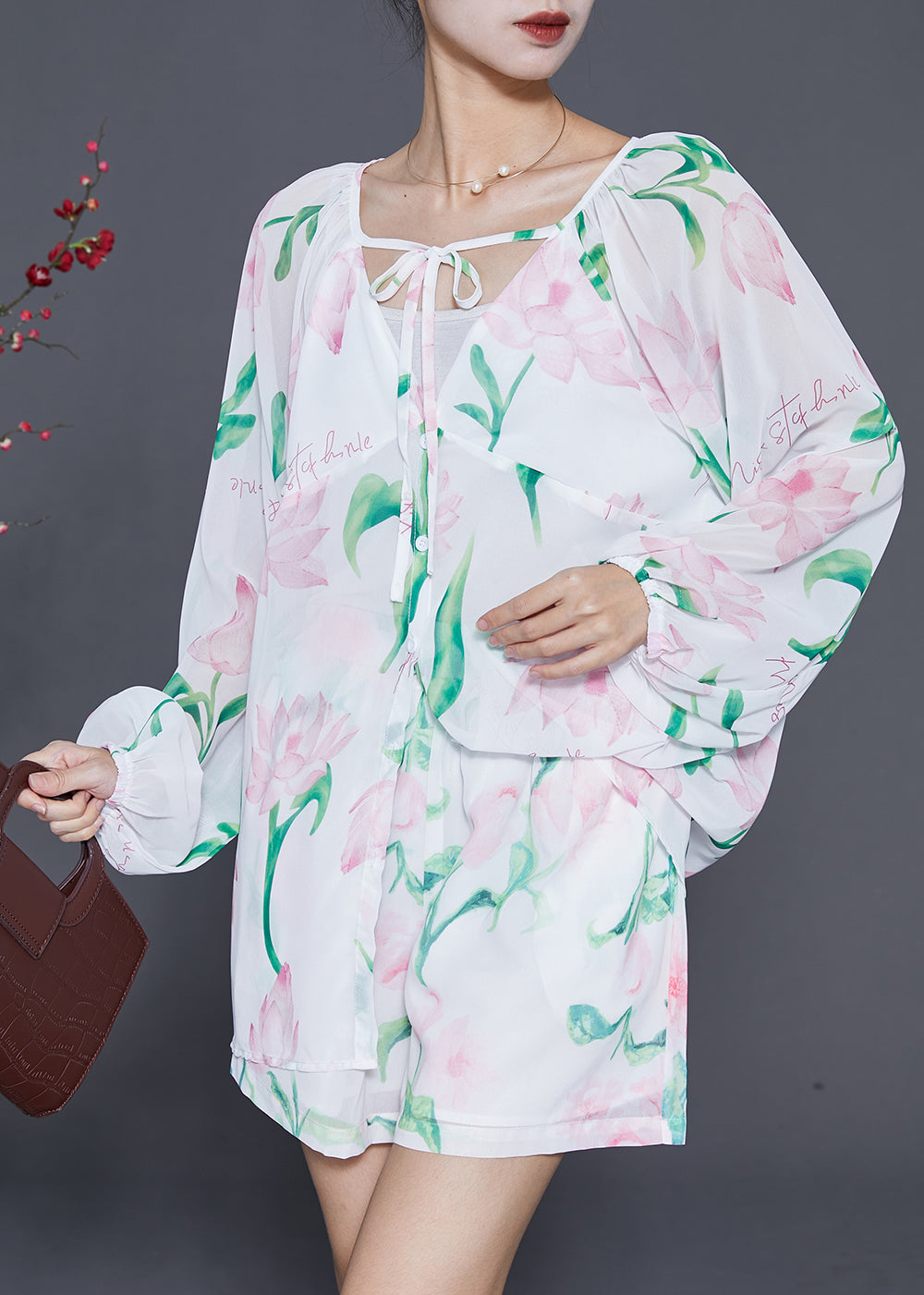 White Print Lace Up Chiffon Two Piece Set Outfits Summer