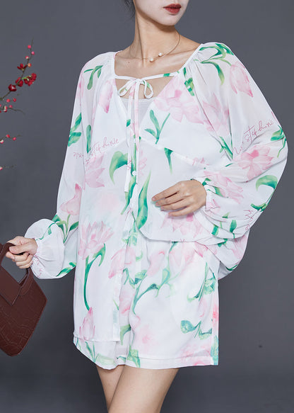White Print Lace Up Chiffon Two Piece Set Outfits Summer