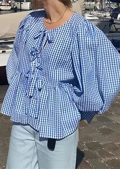 Blue Puff Sleeve Plaid Lace Up Cotton Shirts Summer