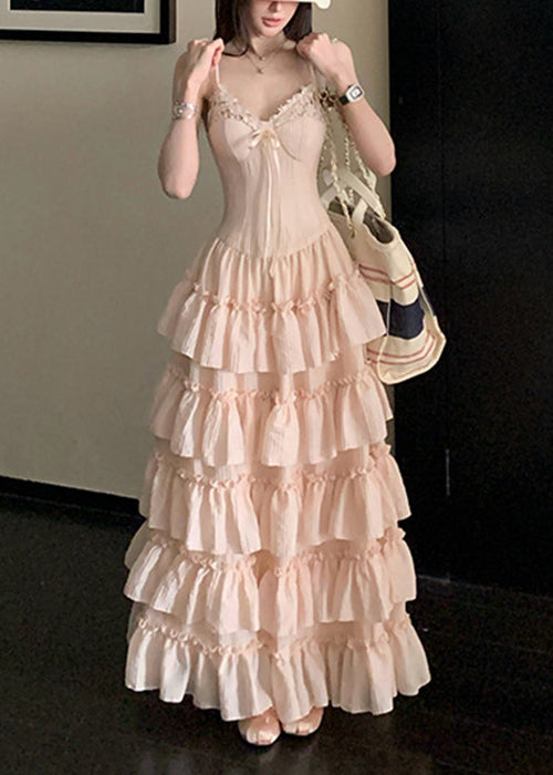 Pink V Neck Ruffled Lace Spaghetti Strap Dress Sleeveless