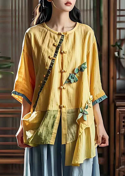 Yellow Asymmetrical Patchwork Wrinkled Linen Shirt Summer