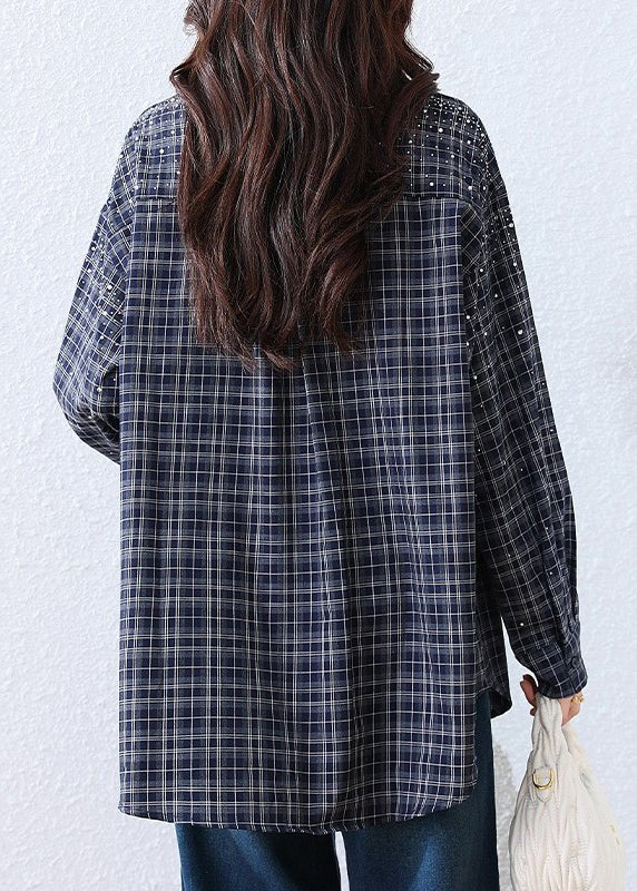 Blue Plaid Rhinestone Cotton Blouse Tops Fall