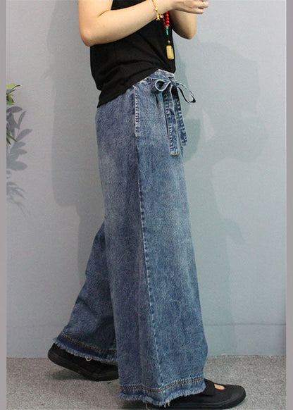 Blue Retro Pockets Tie Waist Fall Wide Leg Denim Pants