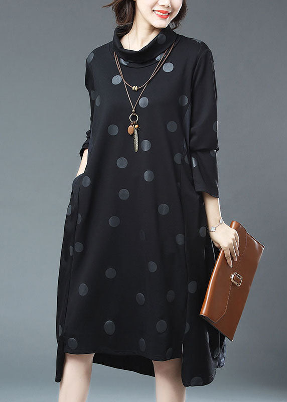 Black Dot Print Drawstring Patchwork Cotton Dresses Fall