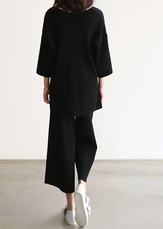 Black Knit Top and Wide Leg Pants Two Pieces Set Spring