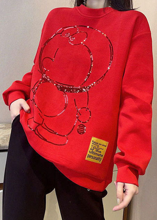 Style Red O-neck Print Loose Fall Pullover Street Wear