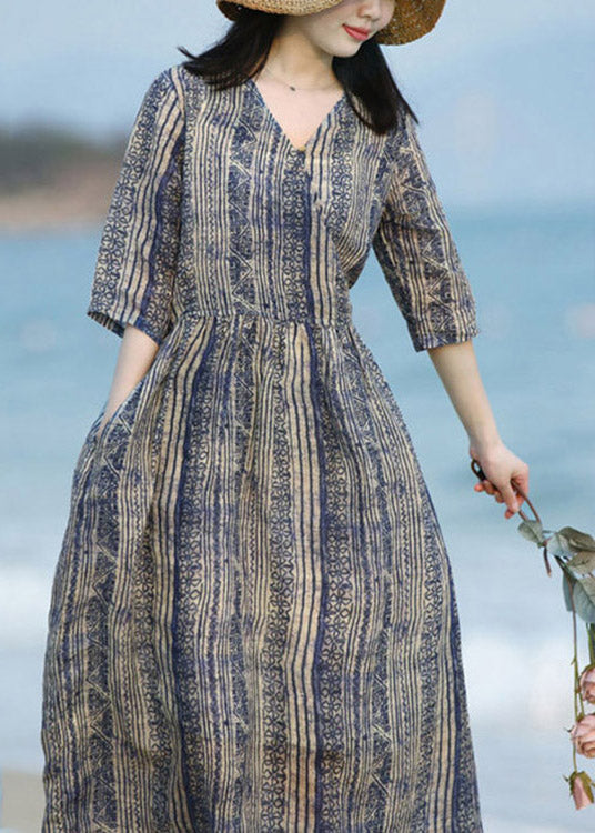 Blue V Neck Striped Patchwork Pockets Linen Dresses Short Sleeve