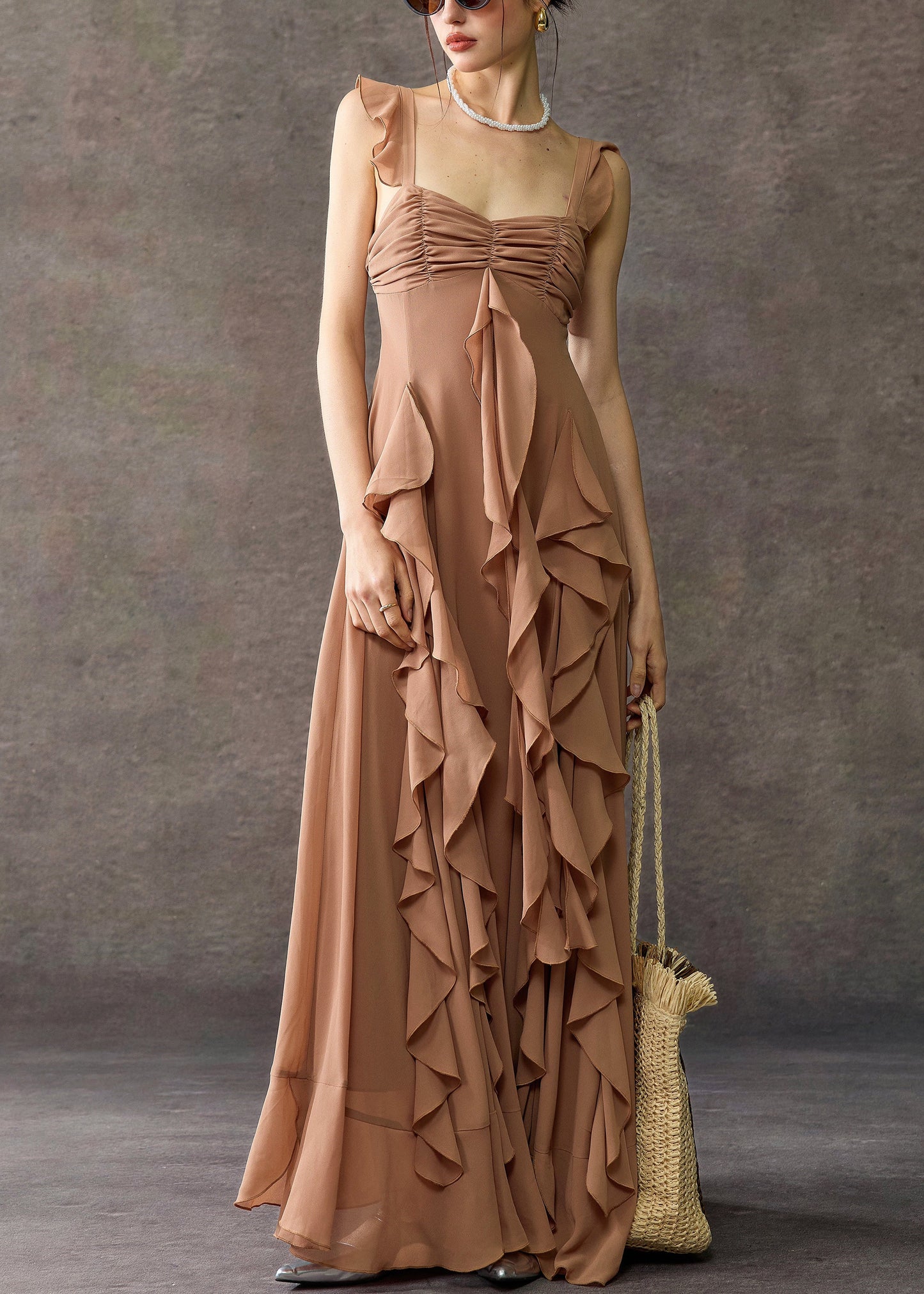 Coffee Square Collar Ruffled Cotton Long Dress Summer