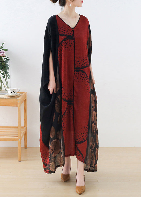 Red V Neck Patchwork Silk Long Dress Batwing Sleeve