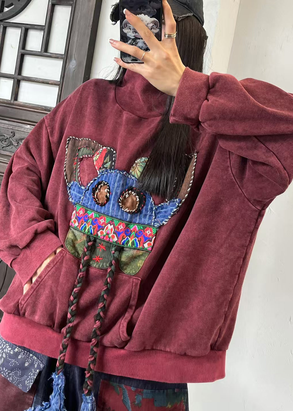 Mulberry Hign Neck Embroidered Cotton Sweatshirts Spring