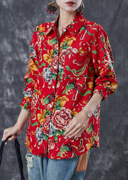 Diy Red Oversized Print Cotton Blouse Top Spring