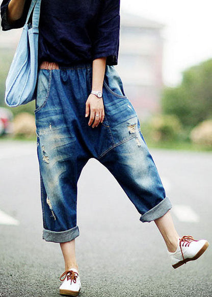 Dark Blue Asymmetrical Pockets Elastic Waist Ripped Jeans Spring
