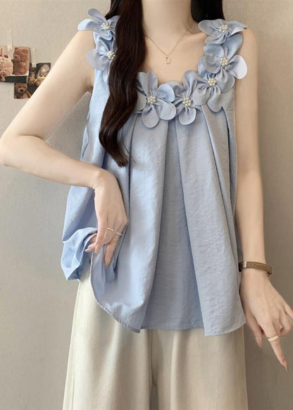 Blue Decorated Cotton Tanks Oversized Sleeveless