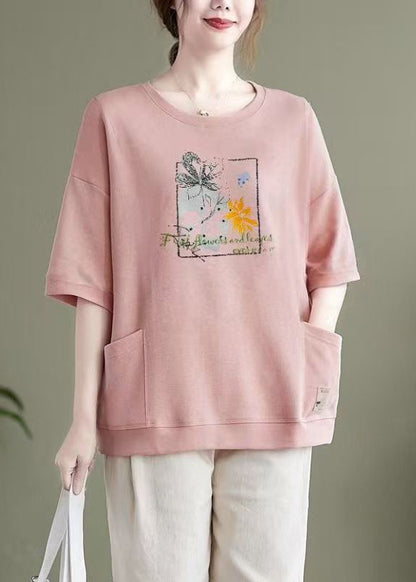 Light Purple O Neck Pockets Patchwork Cotton Top Summer