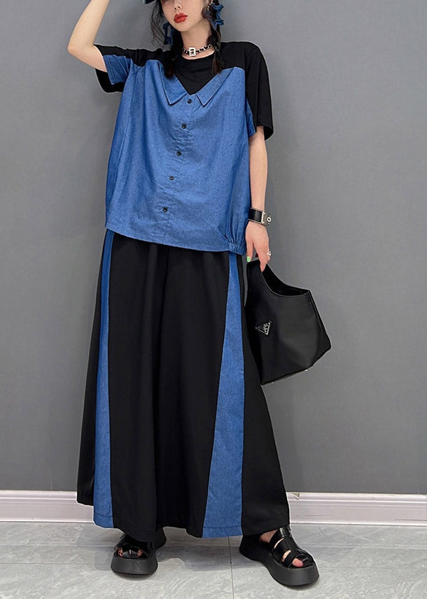 Boutique Black O-neck Patchwork Top and Long Pants Two Piece Set Summer